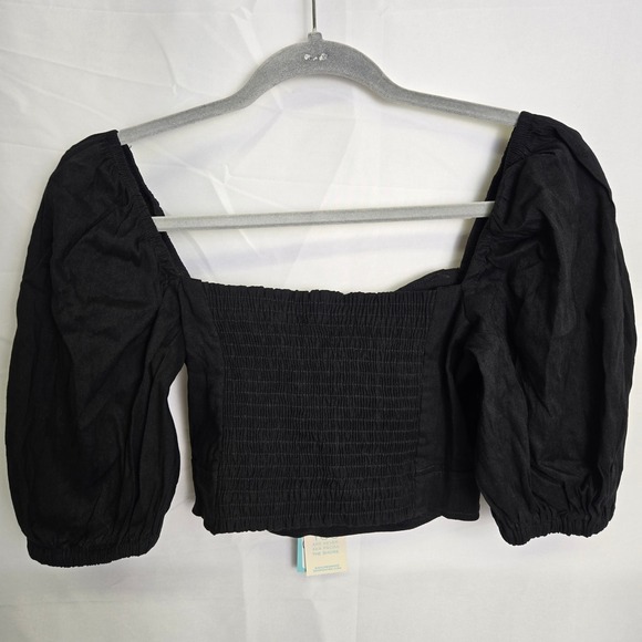 Shore Puff Sleeve Linen Blend Crop Top, Black, Women's‎ Size Small, NWT $110 - Picture 8 of 9
